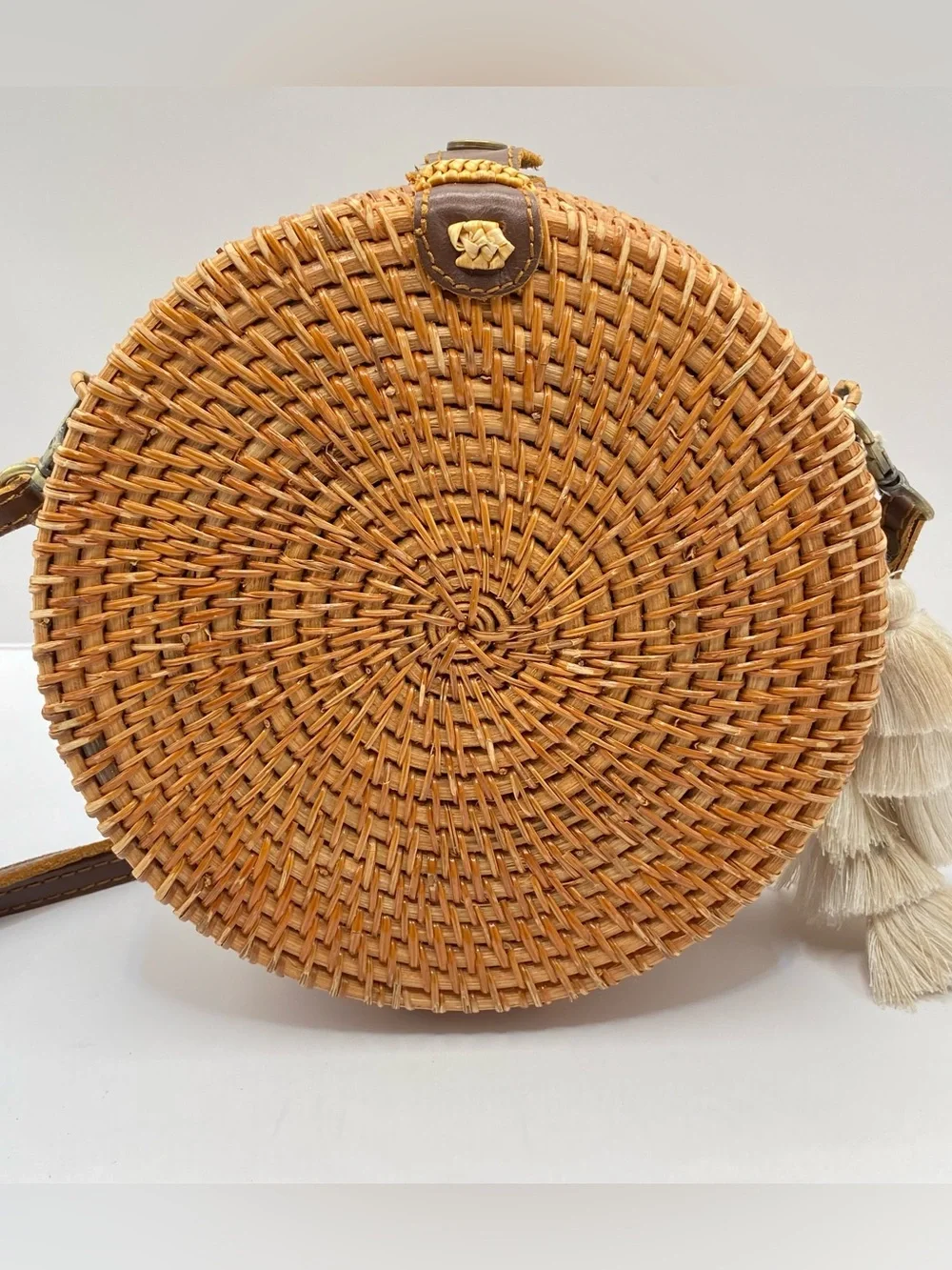 Handmade‎ Woven Round Straw Crossbody Bag with Bali Tropical Lining - Natural